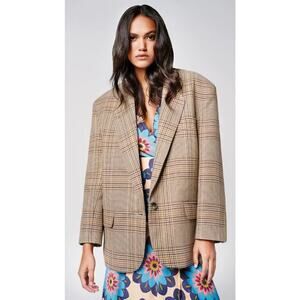 Smythe Blazer‎ Massive One-Button Plaid Cotton & Linen Women's Size Large NWT